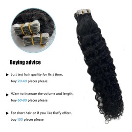 Curly Tape in Hair Extensions,14inch Natural Black Water Wave Real Human Hair Tape in Extensions 20pcs 50g Black Wavy Tape on Hair Extensions for Black Women