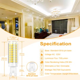 VYAOMLI Pack of 2 - G9 LED Light Bulbs Dimmable 7W Equivalent to G9 Halogen Bulb 75W-80W 730LM, G9 Bi-Pin Base Light Bulb AC 120V for Kitchen Chandelier Home Lighting (Daylight White, 2 Pack)