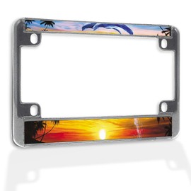 Fastasticdeals Metal Insert Bike License Plate Frame Jumping Dolphins L Red Sunset on Sea Ocean Beach Weatherproof Motorcycle Accessories Chrome 4 Holes Solid Insert