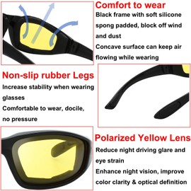 Motorcycle Riding Glasses Padded Frame Lens Block 100% UVB for Outdoor Activity Sport (1401-Matte Black, 1 Pair of Night Driving Polarized)