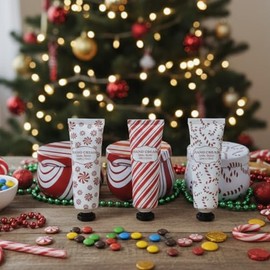 Dansib 6 Set/ 12 Pcs Xmas Candy Cane Design Gift Bulk for Women 3.5oz Peppermint Scented Candles Hand Cream Lotion Set Christmas Stocking Stuffer Travel Size Mini Hand Lotion for Gift Basket Favor