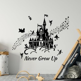 Tanlaby Peter Pan Wall Sticker Black Castle Wall Sticker Never Grow Up Quotes Wall Sticker for Children Baby Room Living Room Bedroom Children's Room Home Wall Decoration