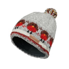 Pachamama Women Wool Bobble Beanie Hat Handknitted Cute Robin Design Multicoloured One Size Handmade Extra Warm Fair Trade
