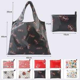 Cute Character Figure Pattern Foldable Tote Shopper Bag with Portable Mini Pouch R40 Free Size / Single Shoulder with Letter K on Black Background 20ea