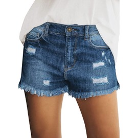 luvamia Women's Casual Mid Waist Ripped Denim Shorts Frayed Raw Hem Jean Shorts Casual Ripped Shorts Slasher Blue Size XL
