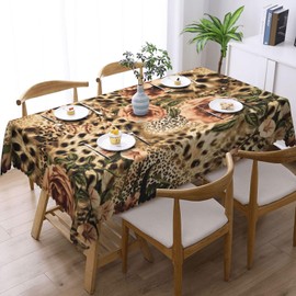 LORCARVIS Leopard Floral Tablecloths Leopard Rose Polyester Rectangle Table Cloth Washable Seasonal Tabletop for Kitchen Dinning Party Outdoor Picnic 54 x 72 Inch Tablecloths