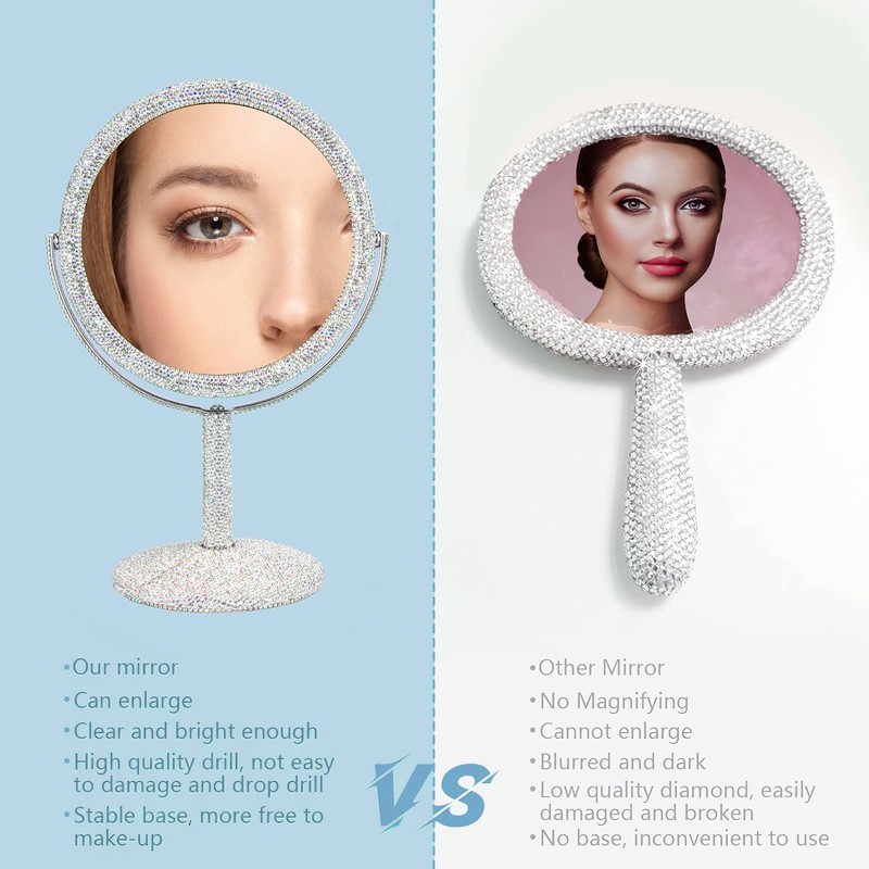 KEYPOWER Bling Rhinestone Makeup Vanity Mirror Round with Stand Double