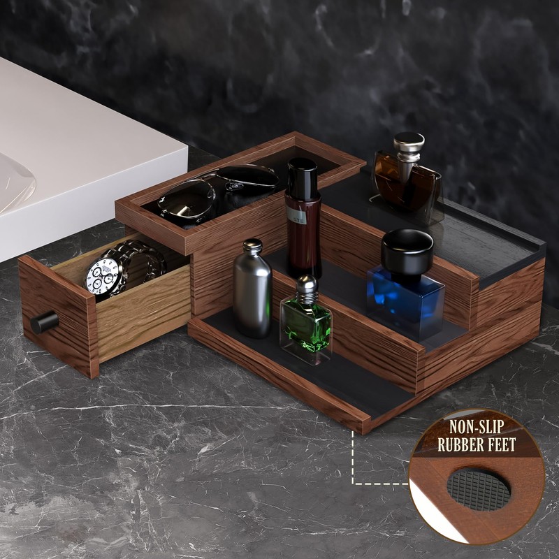NiHome Handcrafted 3 Tier Wooden Cologne Organizer for Men, Mens