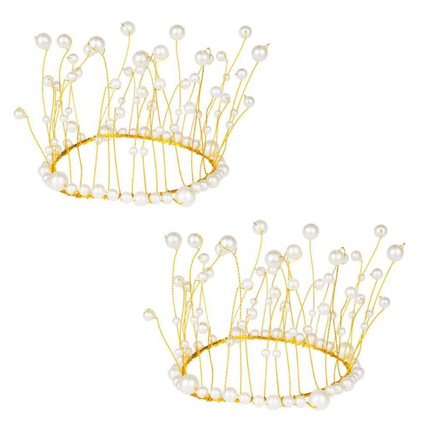 Halloluck 2 Pack Pearl Crown Cake Topper Handmade White Pearl Tiara Crown Cake Decoration Topper for Queen Birthday Princess Bridal Wedding Party