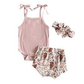 Kuriozud Western Baby Girl Clothes Newborn Infant Girl Tank Top Bodysuit and Cow Print Shorts Set Headband Summer Outfit (Cow Pink,3-6 Months)