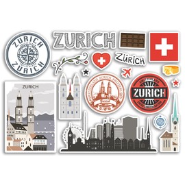 A5 Sticker Sheet Zurich Landmarks Vinyl Stickers - Switzerland Swiss Airport Stamps Skyline Flag Map Travel Holiday Scrapbooking City Luggage #79142