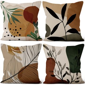 Uiiooazy Abstract Cushion Cover, Boho Green Leaves Brown Geometric Pattern Square Cushion Cover Velvet Decorative Cushion Cover for Sofa Couch Bedroom Living Room Car Set of 4 45 W x 45 cm