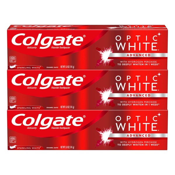 Colgate Optic White Whitening Toothpaste, Sparkling White - 5 ounce (3 Pack)