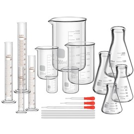 Frienda 50/100/250/500/1000ml Lab Glassware Include Graduated Cylinder, Glass Beaker Set, Glass Dropper, Stirring Rod, Measuring Cups for Laboratory Science Chemistry Supplies (20 Pcs)