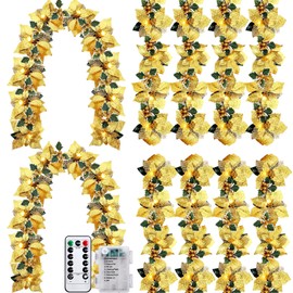 Canlierr 10 PCS Christmas Poinsettia Garland, Lighted Poinsettia Flower Vine with Holly Leaves Berries Set, Artificial Xmas Garland Decoration for Home Indoor Outdoor (Gold)
