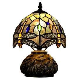 Small Tiffany Lamp Mini Stained Glass Table Lamp Brown Yellow Dragonfly Style Mushroom Desk Light Memory Sympathy Lamp 8X11 Inch
