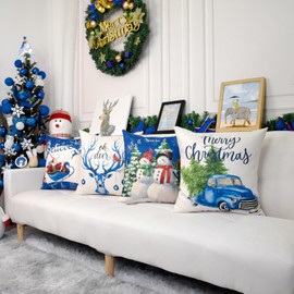 Coliuso Blue Christmas Throw Pillow Covers 16x16 Set of 4 Xmas Series Holiday Cushion Pillow Cover Christmas Decorations for Sofa Couch Bed Farmhouse Outdoor Living Room (Blue, 16x16)