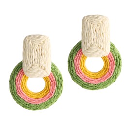 Scddboy Statement Raffia Earrings for Women,Boho Handmade Straw Earrings,Geometric Dangle Earrings for Women