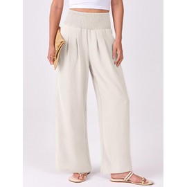 ANRABESS Women Palazzo Pants Summer Flowy Wide Leg High Waist Lounge Trousers with Pockets 2025 Casual Beach Vacation Outfits Beige Large