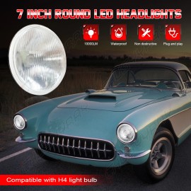 CHUSYYRAY 2x 7 Inch GLASS Round Headlight Housing & 2x H4 LED Bulb CLASSIC Conversion Kit