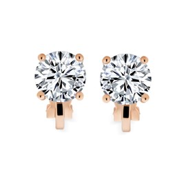 Brilliant Cut Solitaire Round Cubic Zirconia CZ Clip On Stud Earrings For Women Rose Gold Plated Brass