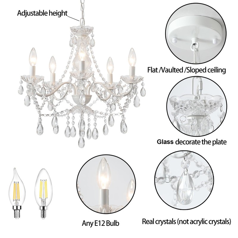 Crystal White Chandelier, Ceramic White Hanging Pendant Light,Crystals Pendant and