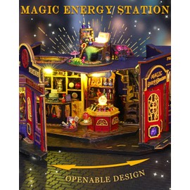 OurMiao Miniature House Kit Magic Energy Station, DIY Dollhouse Kit for Adults & Teens, Tiny House Craft Decor with LED Lights, Wooden Mini Model Gift for Birthdays & Holidays