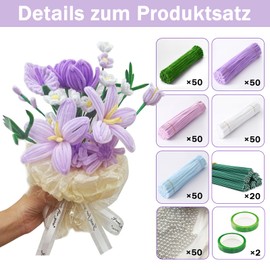 Pfeifenreiniger Set zum Basteln 250 Stück 5 Farben Pfeifenreiniger Blumen Set,Tulpenstrauß Pfeifenreiniger Set,30 cm lange mit filigranen,Bändern,Perlen für Sträuße DIY Basteln Muttertag