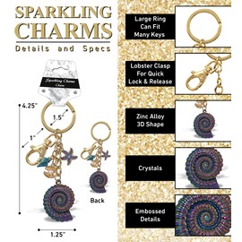 Aqua79 Shells Keychain - Gold 3D Sparkling Charm Rhinestones Fashionable Stylish Metal Alloy Durable Key Ring Bling Crystal Jewelry Accessory with Clasp for Key chain, Bag, Purse, Backpack, Handbag