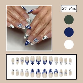 24Pcs White French Tip Press on Nails Medium Almond Fake Nails with Blueberry Designs Bow Stick on Nails Blue Plaid French False Nail Tips Glue on Nails for Women Nail Decoration
