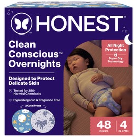 The Honest Company Comfort Dry Overnight Diapers, Up to 12 Hours Protection, Hypoallergenic, Cozy Cloud + Star Signs, Club Box Size 4 (22–37 lbs), 48 Count