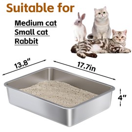 Nyutu Stainless Steel Litter Box - Metal Cat Litter Box -4“ H Cat Litterbox Low Entry Pet Toilet Supplies for Kitty, Kitten, Rabbit, Puppy,No Stick Easy Clean-No Smell
