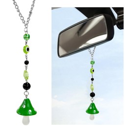 SHMZK Car Rearview Mirror Mushroom Charm, Car Hanging Ornament Resin Mushroom Pendant for Women Girls, Lucky Mushroom Beaded Decor Universal Rear View Mirror Charm for Vehicle Home Office (Green)