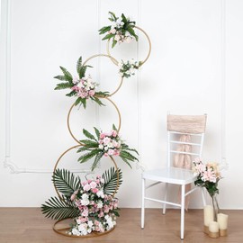 5Ft | 4-Tiered Gold Hoop Pillar Flower Stand, Metal Wedding Arch Table Centerpiece - Hoop Wreath