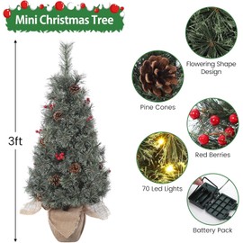 3ft Pre-Lit Small Artificial Mini Christmas Tree, Christmas Tree Prelit with Vintage Potted Base, Flocked Snow 78 White Led Lights & Red Berries & Snowflake, Home Decor Indoor for Bedroom, Fireplace