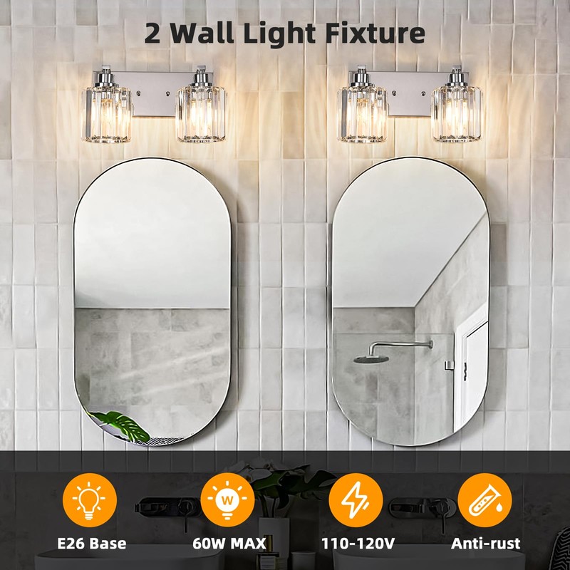 Haolaike 2 Lights Crystal Bathroom Vanity Light Modern Chrome Bathroom