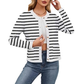 Neineiwu Cardigan for Women Elegant Crew Neck Long Sleeve Cardigan with Buttons and Golden Metal Buttons Pockets, Stripes Black, S