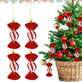 Christmas Candy Ornaments, 4pcs Christmas Tree Candy Hanging Decorations Glitter Candy Cane Ornament with Golden Ropes Sweet Baubles Hanging Pendant for Xmas Party Home Decor A7XYTG