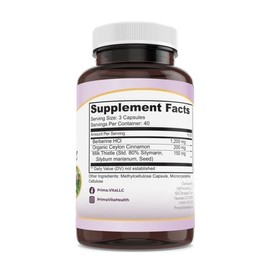 PrimaVita Berberine HCL 1200mg with Milk Thistle and Ceylon Cinnamon, Ampk Metabolic Activator, Healthy Immune System and Gastrointestinal Wellness, 40 Servings, 120 Veggie Capsules