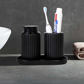 Fvstar Foaming Soap Dispenser and Toothbrush Holder Set,Ceramic Hand Soap Dispenser,Bathroom Soap and Toothbrush Holder,Black Bathroom Accessories Organizer for Toothbrushes,Toothpaste