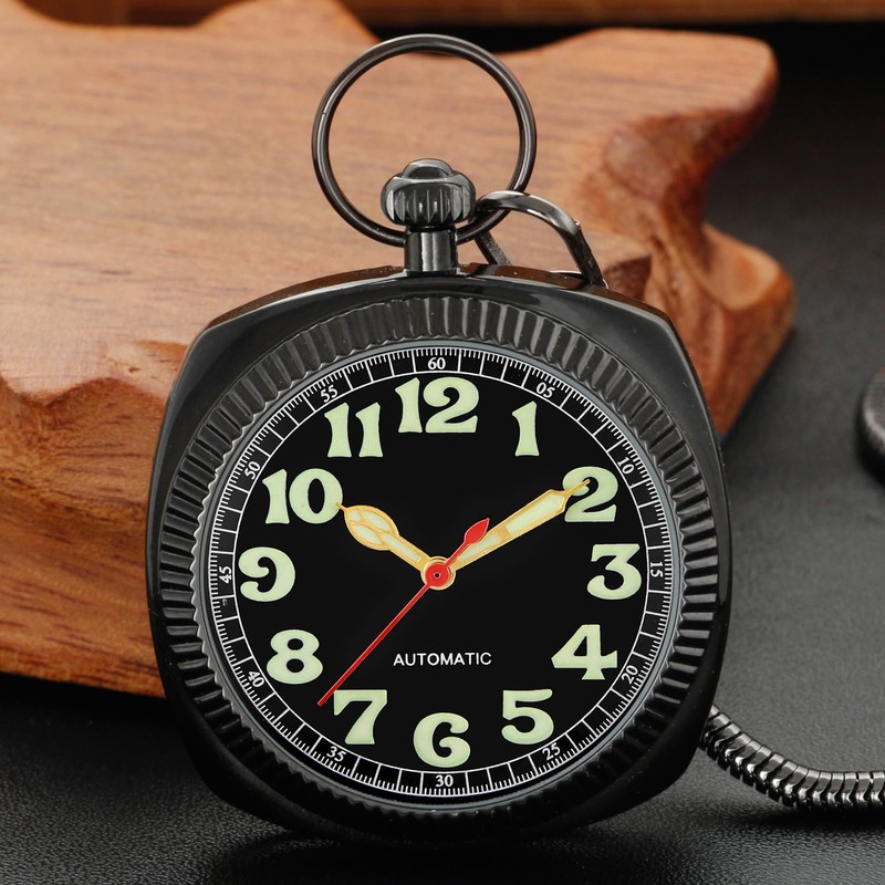 Tiong Square Uncovered Black Mechanical Pocket Watch, Arabic Numeral Dial