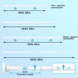 AIZESI Tension Rods for Windows 28 to 48 Inch, 1pcs 1 Inch Diameter Tension Curtain Rod White Adjustable Non-Drilling, Anti-Slip, Anti-Rust Spring Loaded Curtain Rods Small Shower Curtain Rod