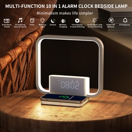 RETEYUNG Bedside Lamp with 10 W Wireless Charging Function, 2 Alarm Clocks, Daylight Alarm Clock with 10 Soothing Sound, Sunrise Bedside Lamps Touch Dimmable 3 Brightness Levels for Bedroom