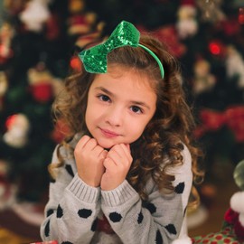 Amybasic Sparkly Sequin Hair Bow Headbands - Boutique Ribbon Bows for Girls, Kids, and Women (Green)