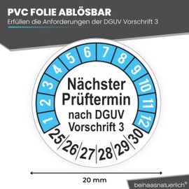 beihaasnatuerlich® Pack of 112 Test Badges "Next Test Date", 20 mm Diameter, Test Labels According to DGUV V3, 2025-2030, Test Stickers, E-Check Test Label, Badge for Electrical Devices (Blue, 1