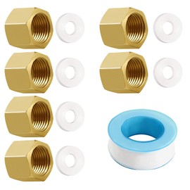 Lyeteung 6 pieces G1/8 brass cap, internal thread, brass pipe cap, end cap, threaded cap, brass hose caps, hexagonal, with hose washers and raw material band