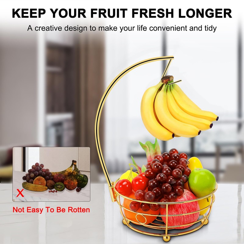 Livabber Countertop Fruit Basket Bowl with Banana Hanger, Modern Standing