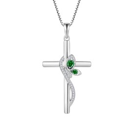 Lwsary Butterfly Cross Necklace 925 Sterling Silver Crucifix Christian Religious Pendant Emerald Necklace May Birthstone Jewelry Gifts for Women