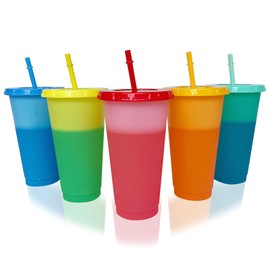 letech+ Reusable Colour Changing Cups with Lids and Straws Plastic Tumblers Cold Water for Adults to Drink ice Coffee Smoothie Beverages at Parties- 24oz 5 Pcs