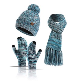 3PCS Winter Warm Hat Scarf Gloves Set for Women Men Knit Fleece Touchscreen Gloves Beanie Hat Ski Cap